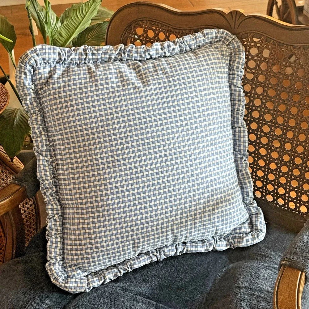 Vintage Wilkinson's Blue Gingham Check Cottagecore Pillow 18x18 Gathered Flange